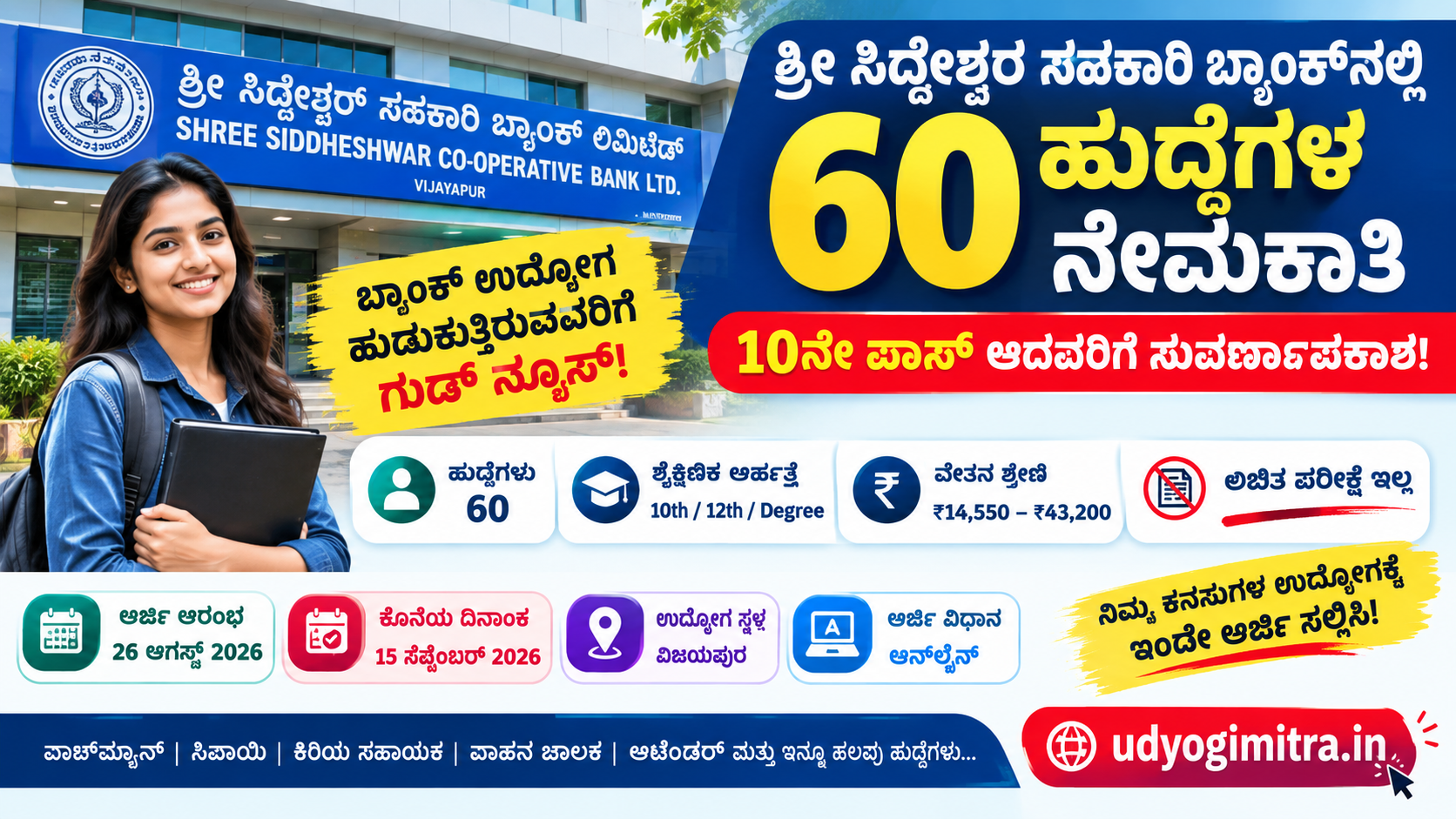 ಶ್ರೀ ಸಿದ್ದೇಶ್ವರ ಸಹಕಾರಿ ಬ್ಯಾಂಕ್ ನೇಮಕಾತಿ 2026